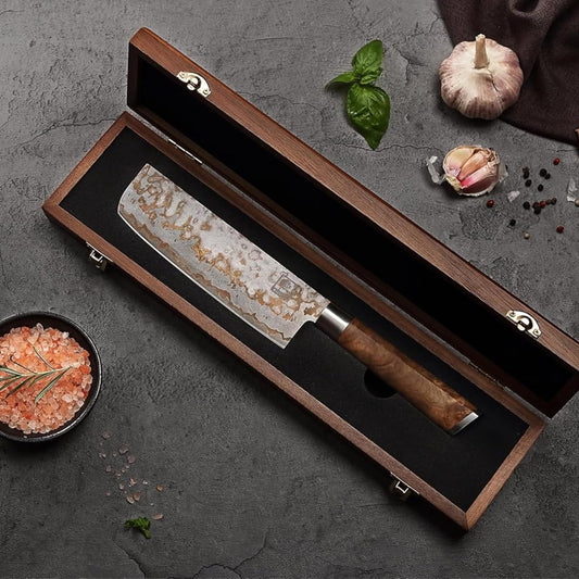 Damascus Nakiri Knife 6.7 Inch, VG10 Core Vegetable Knife for Chopping, Slicing & Dicing, 67-Layer Copper Damascus Steel, Maple Root Wood Handle, Wooden Gift Box