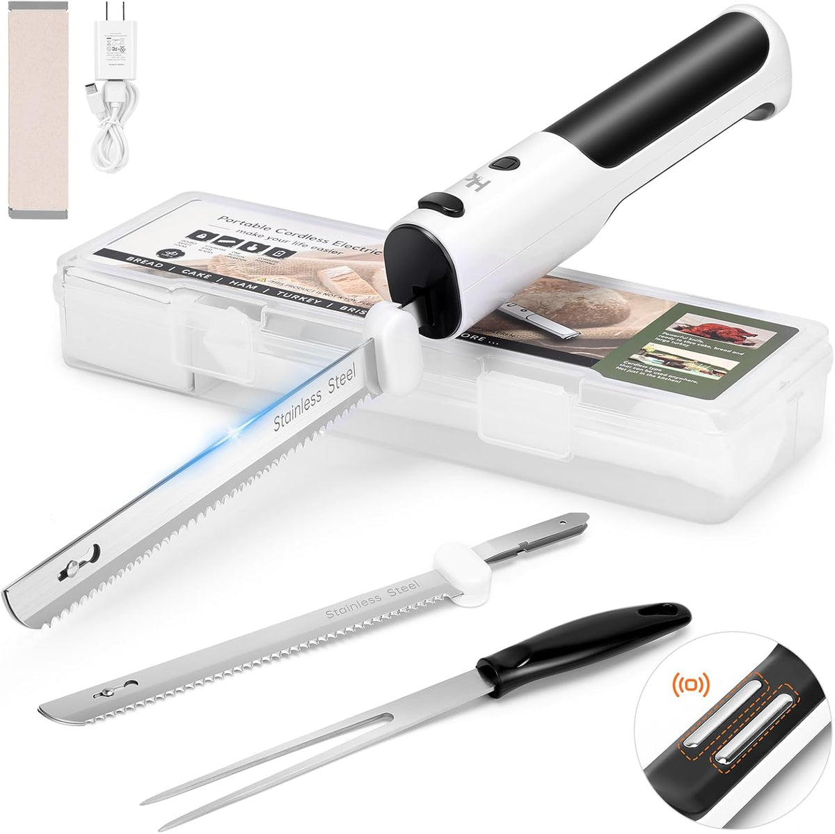 Cordless Electric Knife for Carving Meats, Poultry, Bread, Crafting Foam & More, Included Dual 304 Stainless Steel Blades, Fork, Foldable Cutting Board