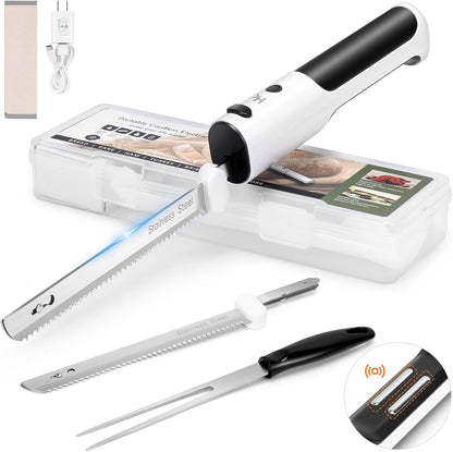 Cordless Electric Knife for Carving Meats, Poultry, Bread, Crafting Foam & More, Included Dual 304 Stainless Steel Blades, Fork, Foldable Cutting Board
