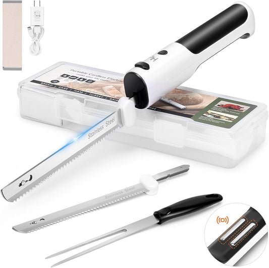 Cordless Electric Knife for Carving Meats, Poultry, Bread, Crafting Foam & More, Included Dual 304 Stainless Steel Blades, Fork, Foldable Cutting Board