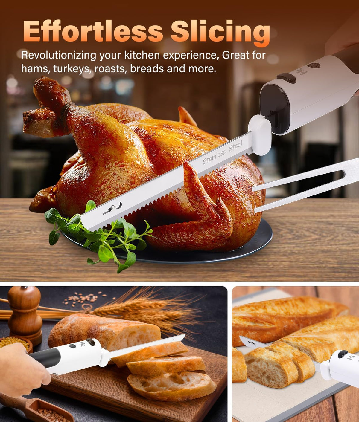 Cordless Electric Knife for Carving Meats, Poultry, Bread, Crafting Foam & More, Included Dual 304 Stainless Steel Blades, Fork, Foldable Cutting Board