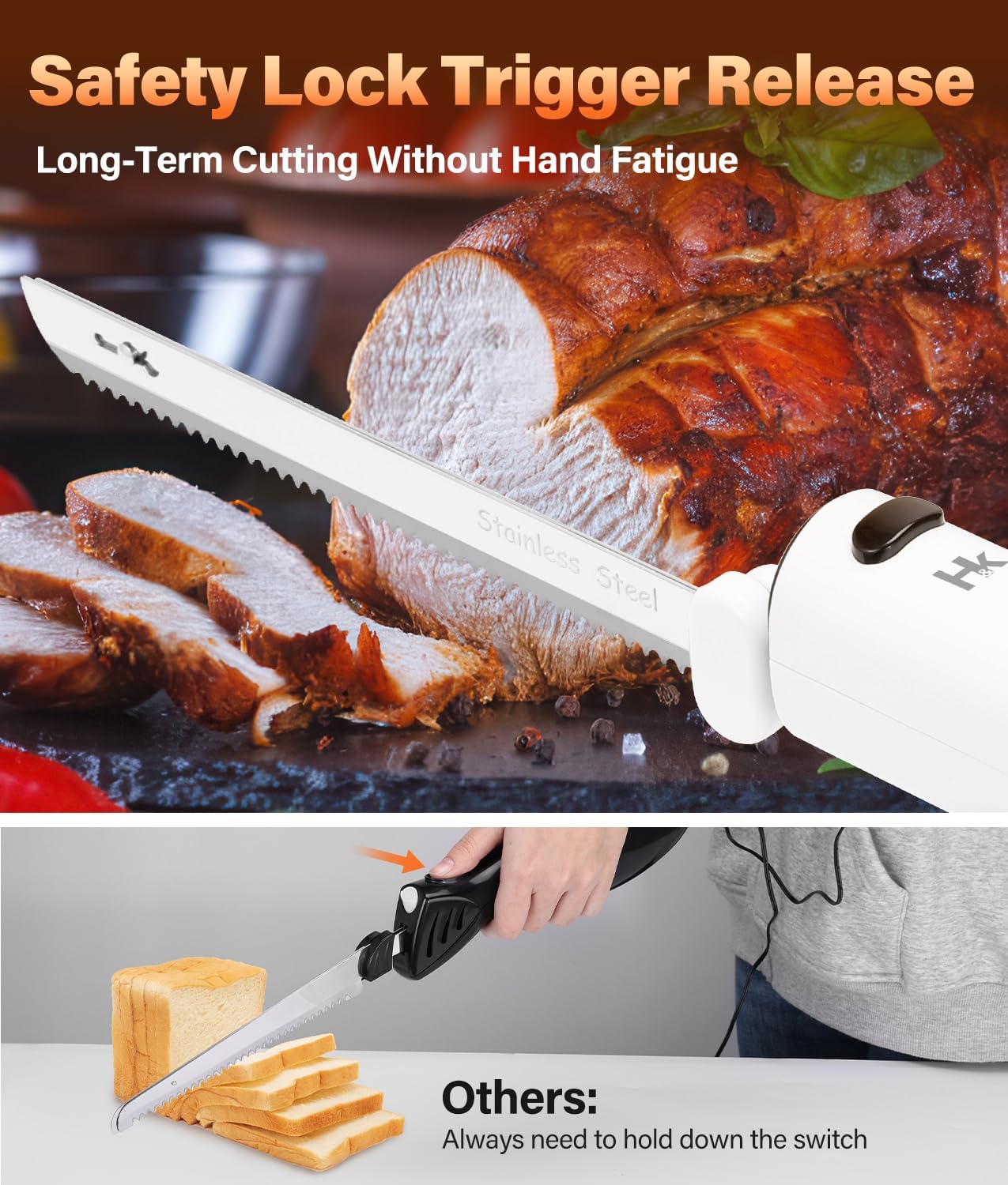 Cordless Electric Knife for Carving Meats, Poultry, Bread, Crafting Foam & More, Included Dual 304 Stainless Steel Blades, Fork, Foldable Cutting Board