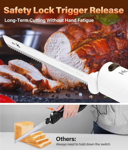 Cordless Electric Knife for Carving Meats, Poultry, Bread, Crafting Foam & More, Included Dual 304 Stainless Steel Blades, Fork, Foldable Cutting Board