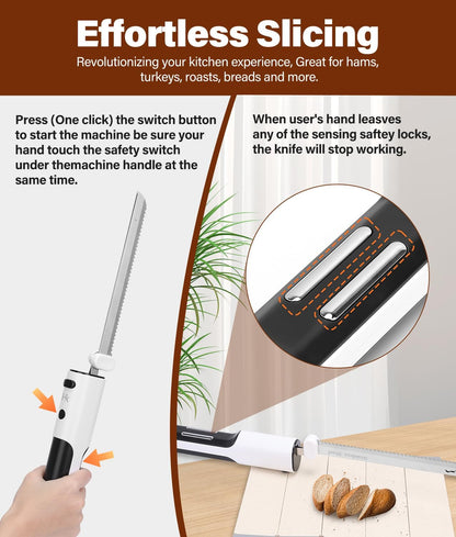 Cordless Electric Knife for Carving Meats, Poultry, Bread, Crafting Foam & More, Included Dual 304 Stainless Steel Blades, Fork, Foldable Cutting Board