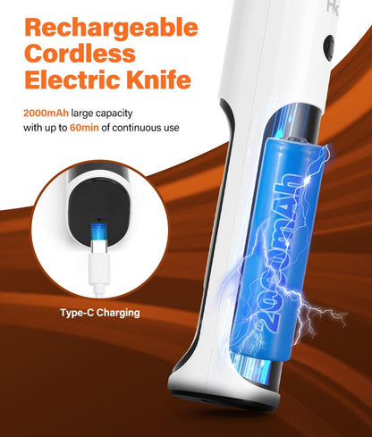 Cordless Electric Knife for Carving Meats, Poultry, Bread, Crafting Foam & More, Included Dual 304 Stainless Steel Blades, Fork, Foldable Cutting Board
