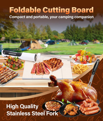 Cordless Electric Knife for Carving Meats, Poultry, Bread, Crafting Foam & More, Included Dual 304 Stainless Steel Blades, Fork, Foldable Cutting Board