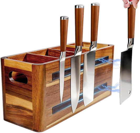 Wooden Kitchen Utensil Holder Organizer for Counter or Countertop, Large Wooden Utensil Holder 4 Compartment, Acacia Wood Container Extra Large.with Strong Magnets Multifunctional Storage Knife Holder