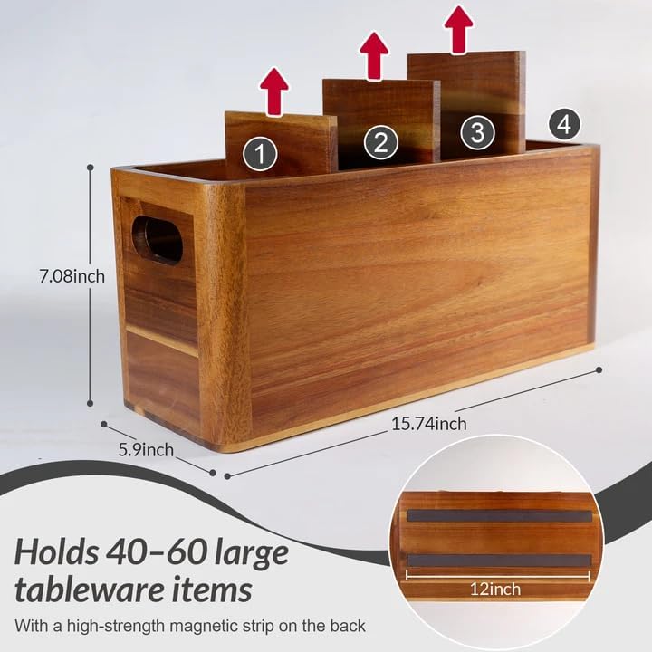 Wooden Kitchen Utensil Holder Organizer for Counter or Countertop, Large Wooden Utensil Holder 4 Compartment, Acacia Wood Container Extra Large.with Strong Magnets Multifunctional Storage Knife Holder