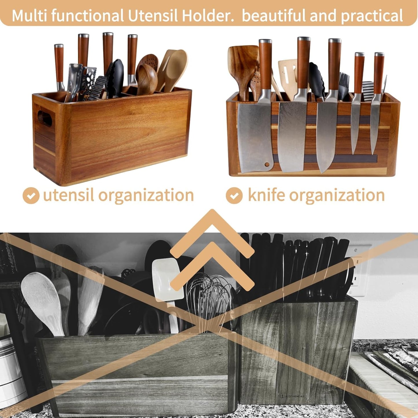 Wooden Kitchen Utensil Holder Organizer for Counter or Countertop, Large Wooden Utensil Holder 4 Compartment, Acacia Wood Container Extra Large.with Strong Magnets Multifunctional Storage Knife Holder