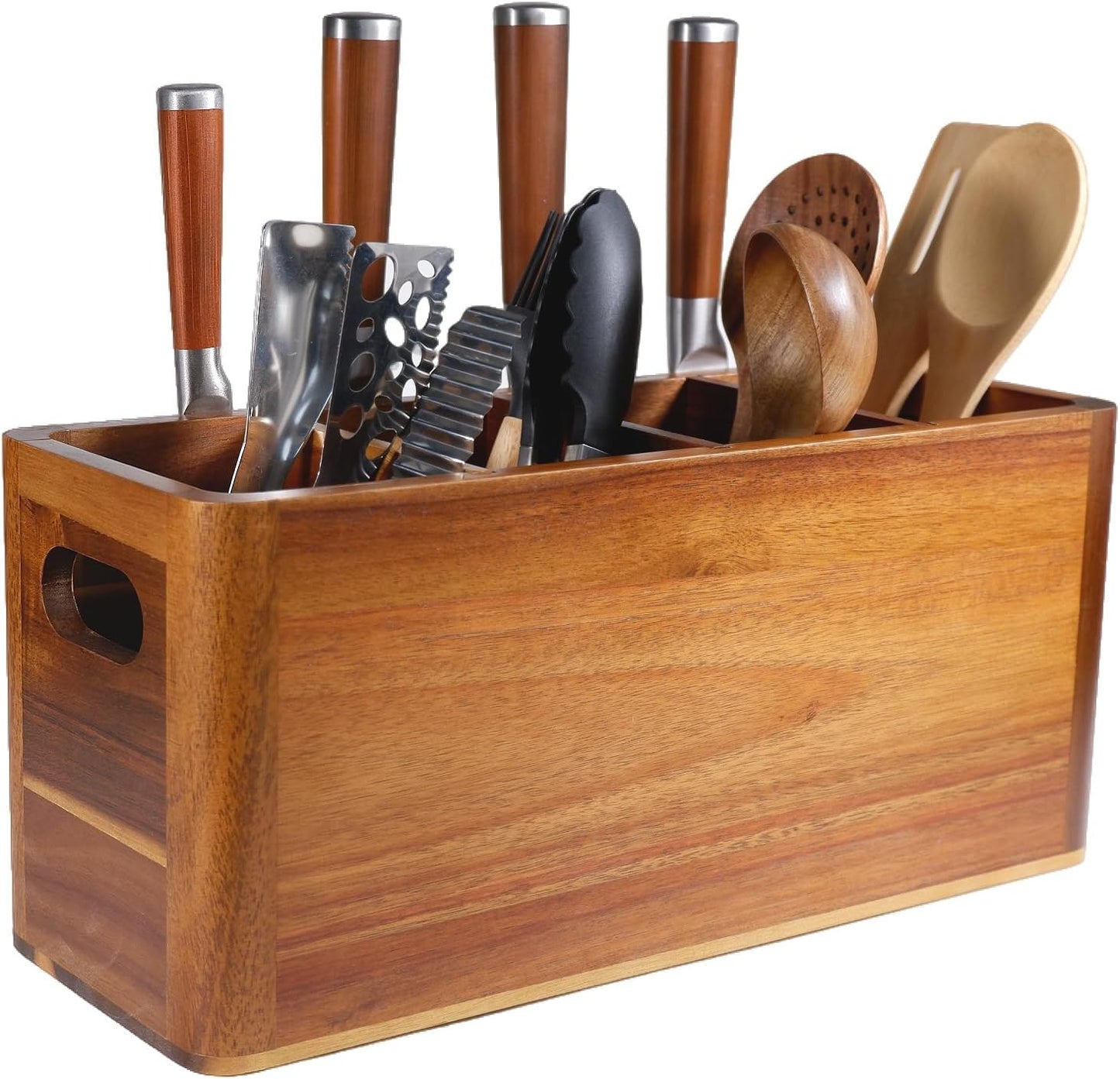 Wooden Kitchen Utensil Holder Organizer for Counter or Countertop, Large Wooden Utensil Holder 4 Compartment, Acacia Wood Container Extra Large.with Strong Magnets Multifunctional Storage Knife Holder