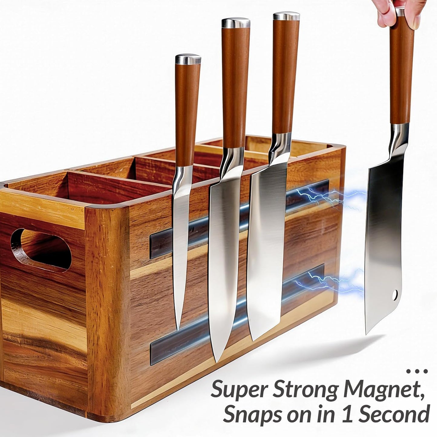 Wooden Kitchen Utensil Holder Organizer for Counter or Countertop, Large Wooden Utensil Holder 4 Compartment, Acacia Wood Container Extra Large.with Strong Magnets Multifunctional Storage Knife Holder