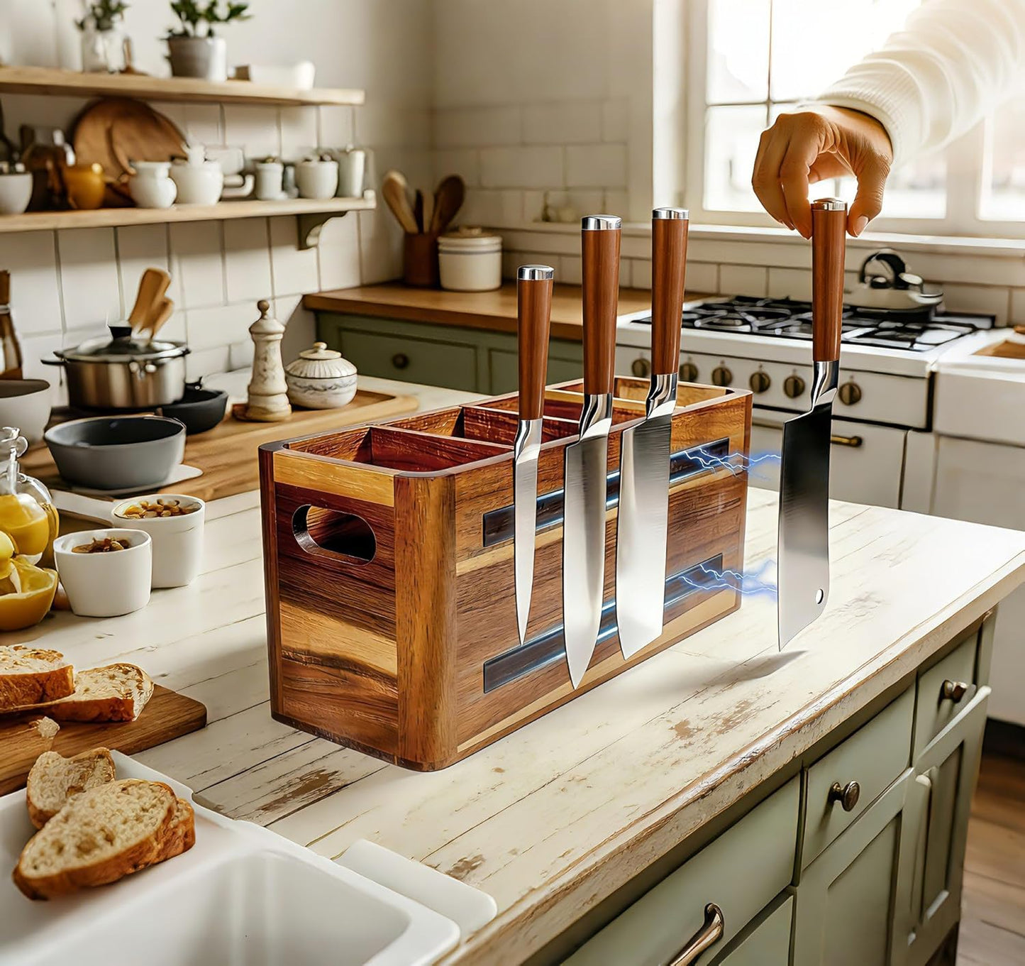 Wooden Kitchen Utensil Holder Organizer for Counter or Countertop, Large Wooden Utensil Holder 4 Compartment, Acacia Wood Container Extra Large.with Strong Magnets Multifunctional Storage Knife Holder
