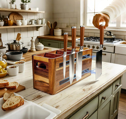 Wooden Kitchen Utensil Holder Organizer for Counter or Countertop, Large Wooden Utensil Holder 4 Compartment, Acacia Wood Container Extra Large.with Strong Magnets Multifunctional Storage Knife Holder