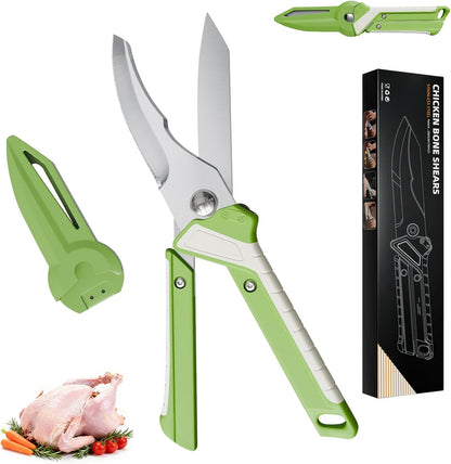 Poultry Shears, 2-in-1 Heavy Duty Kitchen Scissors | Non-Slip Handle, Safety Lock, Magnetic Protective Sheath, All Purpose Kitchen Tool