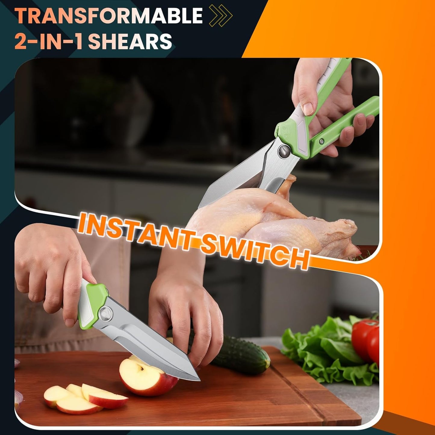Poultry Shears, 2-in-1 Heavy Duty Kitchen Scissors | Non-Slip Handle, Safety Lock, Magnetic Protective Sheath, All Purpose Kitchen Tool