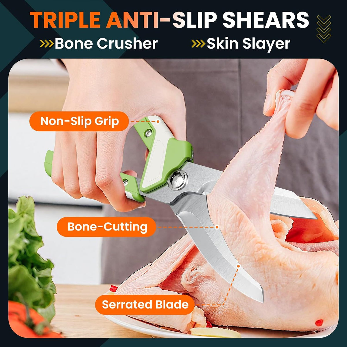 Poultry Shears, 2-in-1 Heavy Duty Kitchen Scissors | Non-Slip Handle, Safety Lock, Magnetic Protective Sheath, All Purpose Kitchen Tool