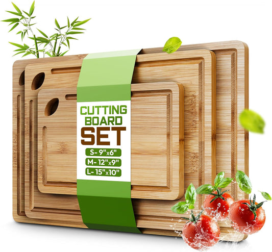 Bamboo Cutting Board Set of 3 (15x10, 12x9, 9x6) – Extra-Thick, Deep Juice Groove Wood Cutting Boards – Knife-Friendly for Kitchen Prep, Carving & Charcuterie – Easy to Clean