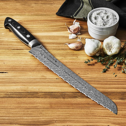 KKRAMER EUROLINE Damascus Collection 10-inch Razor-Sharp German Bread Knife, Made in Company-Owned German Factory with Special Formula Steel perfected for almost 300 Years, Dishwasher Safe