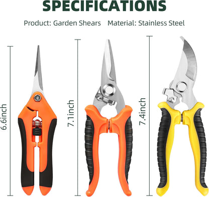 3-Pack Stainless Steel Pruning Shears, Pruning Snips and Clippers for Gardening, Scissors Tools (Yellow)
