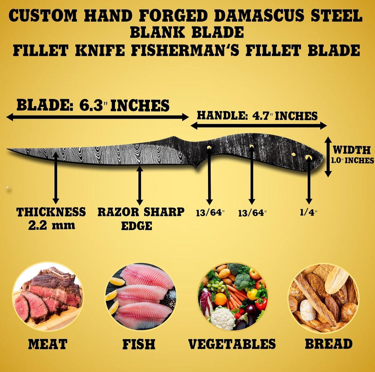 Custom Hand Forged Damascus Steel Blank Blade Fillet Knife Fisherman's Filet Fishing Knife Blade Damascus Blade Billet Handmade Knife Making Supply (FB-07)