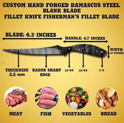 Custom Hand Forged Damascus Steel Blank Blade Fillet Knife Fisherman's Filet Fishing Knife Blade Damascus Blade Billet Handmade Knife Making Supply (FB-07)