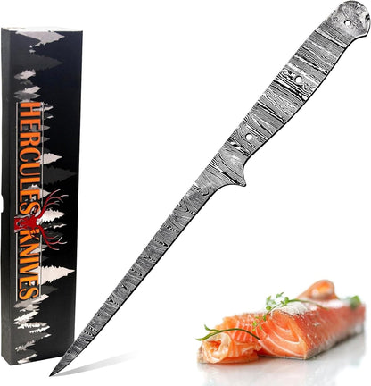 Custom Hand Forged Damascus Steel Blank Blade Fillet Knife Fisherman's Filet Fishing Knife Blade Damascus Blade Billet Handmade Knife Making Supply (FB-07)