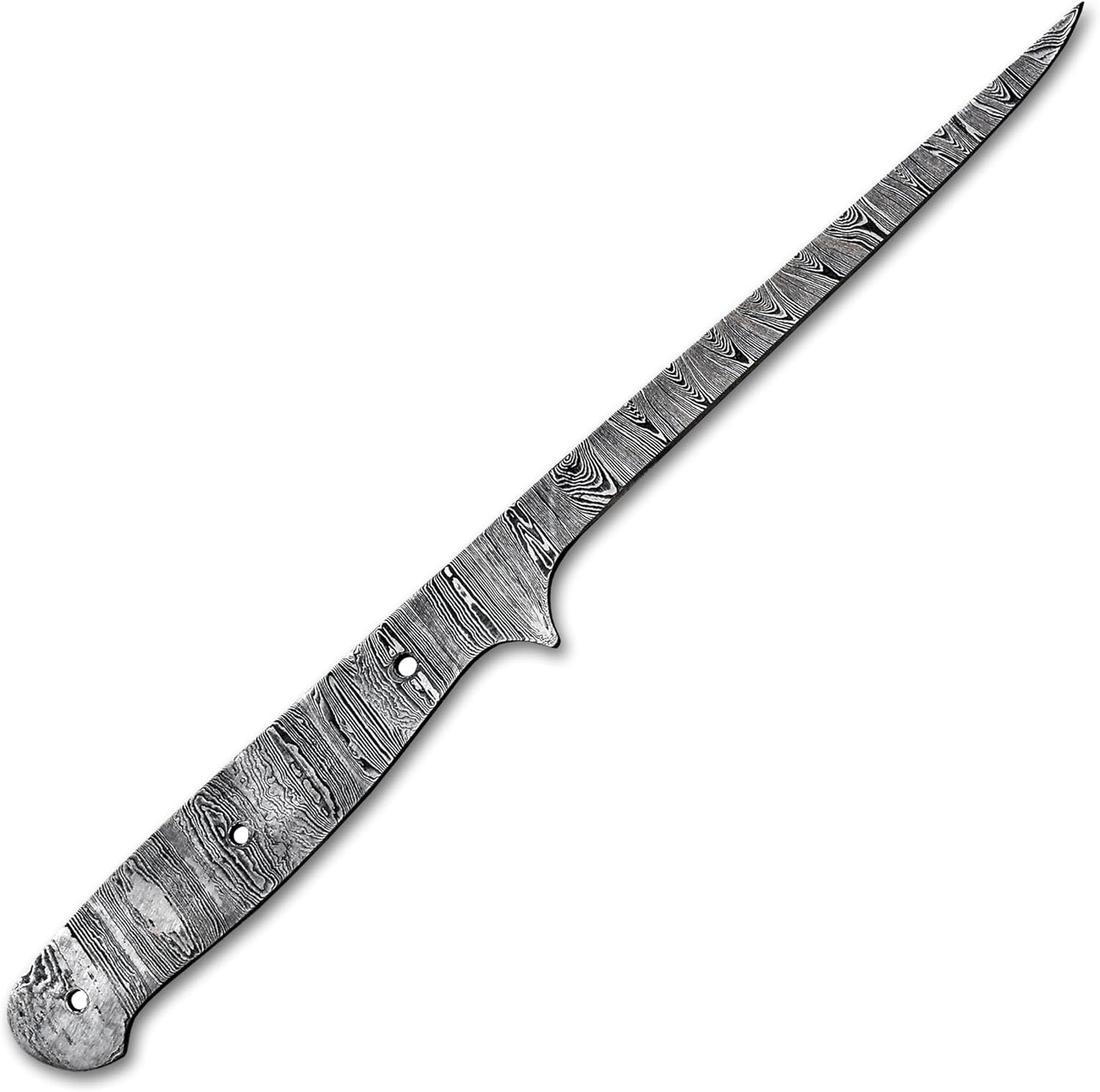 Custom Hand Forged Damascus Steel Blank Blade Fillet Knife Fisherman's Filet Fishing Knife Blade Damascus Blade Billet Handmade Knife Making Supply (FB-07)