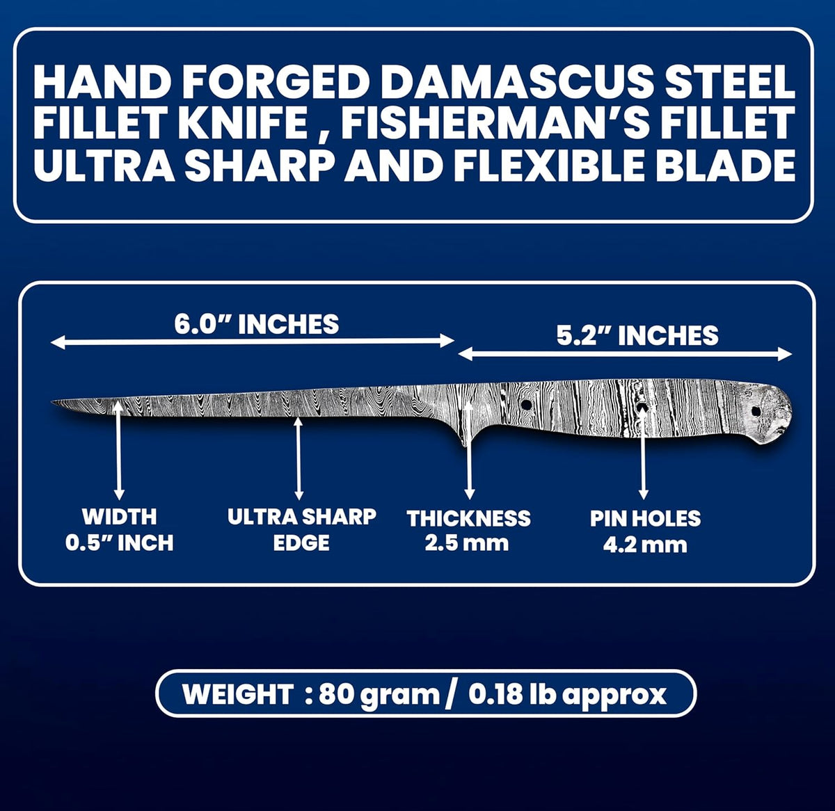 Custom Hand Forged Damascus Steel Blank Blade Fillet Knife Fisherman's Filet Fishing Knife Blade Damascus Blade Billet Handmade Knife Making Supply (FB-07)