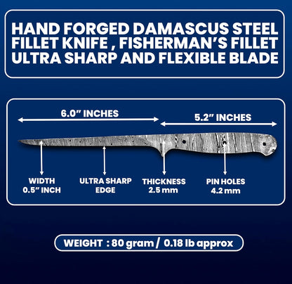 Custom Hand Forged Damascus Steel Blank Blade Fillet Knife Fisherman's Filet Fishing Knife Blade Damascus Blade Billet Handmade Knife Making Supply (FB-07)