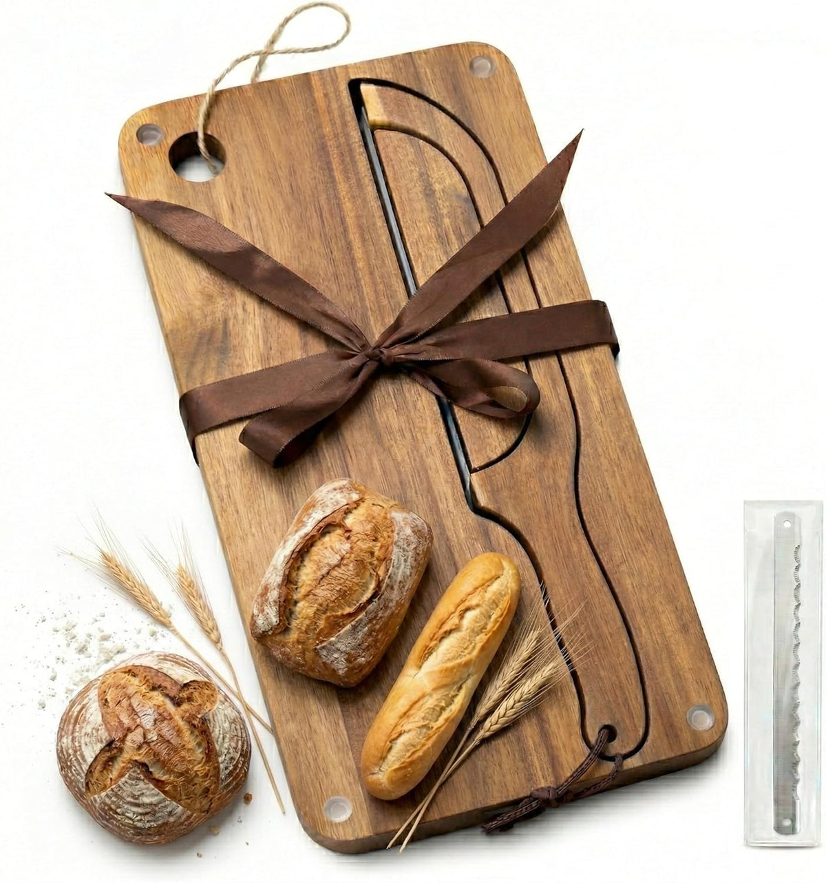 Sourdough Bread Slicer Set, Sourdough Knife & Bread Cutting Board with Crumb Tray Design, Ergonomic W-Handle Grip, Non-Slip Pads, Magnetic Storage, Left & Right Handed, Extra Blade, Bakers Gift