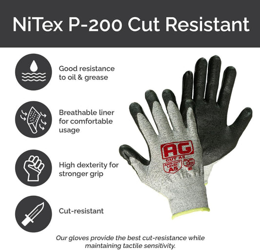 – A5 Cut Resistance Gloves, ANSI Cut Proof for Men & Women, NiTex P-200 Nylon Nitrile