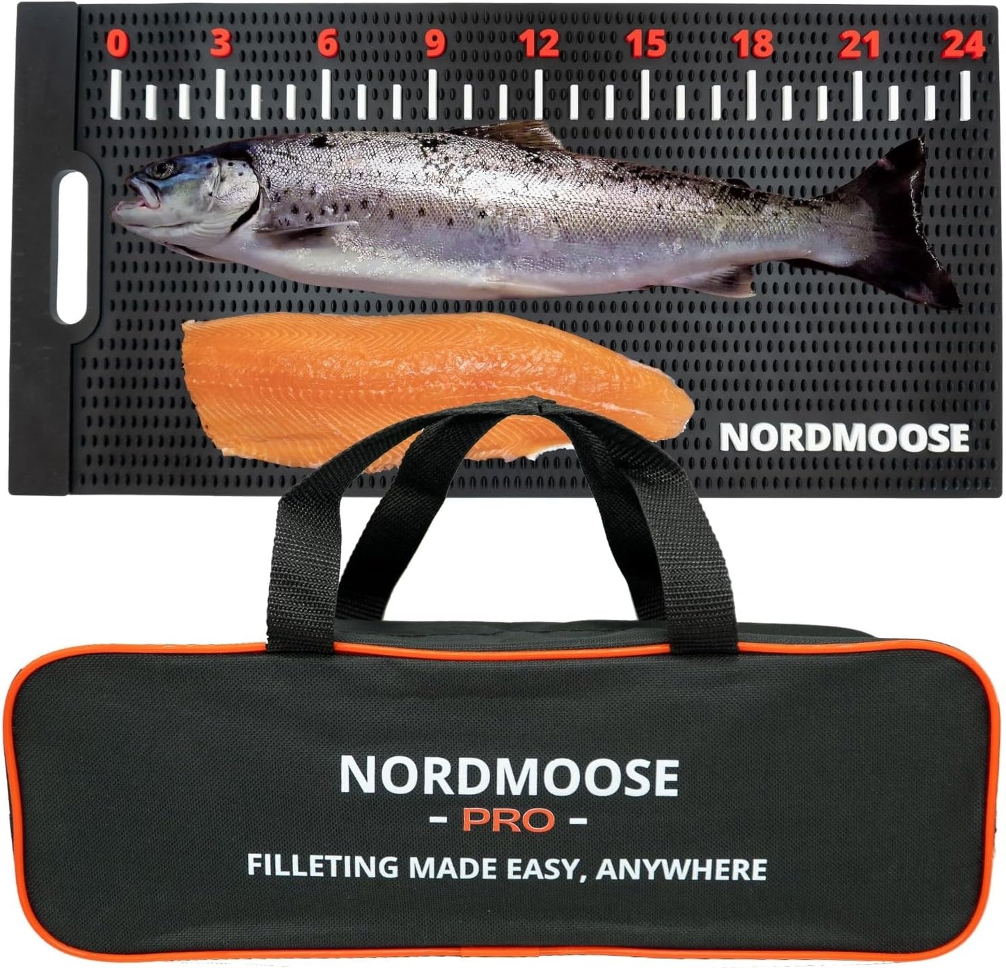 Fish Fillet Mat Kit with Fish Ruler Decal and Fillet Knife, Cutting Gloves. Large 28"x14" Nonslip Fish Cleaning Mat that Grips the Fish - Durable & Easy to Clean, Portable Fish Cutting Board