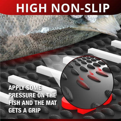 Fish Fillet Mat Kit with Fish Ruler Decal and Fillet Knife, Cutting Gloves. Large 28"x14" Nonslip Fish Cleaning Mat that Grips the Fish - Durable & Easy to Clean, Portable Fish Cutting Board