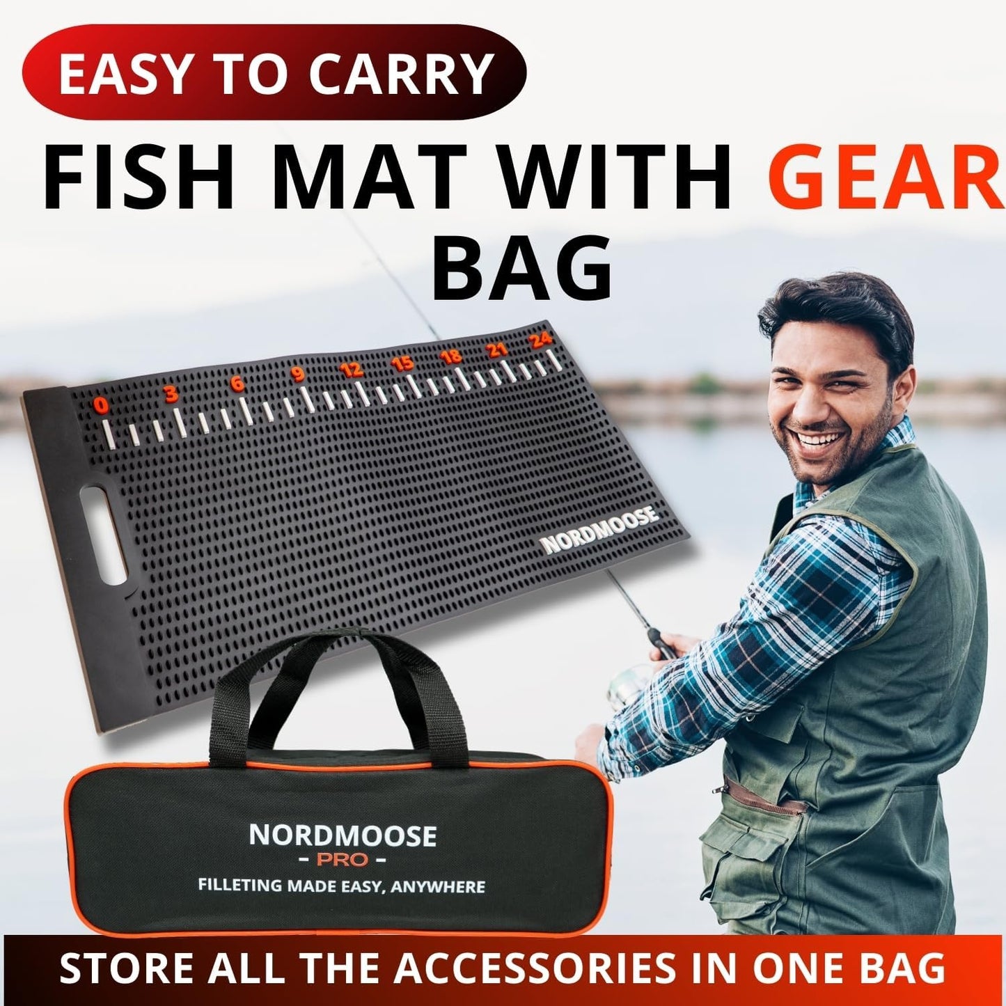 Fish Fillet Mat Kit with Fish Ruler Decal and Fillet Knife, Cutting Gloves. Large 28"x14" Nonslip Fish Cleaning Mat that Grips the Fish - Durable & Easy to Clean, Portable Fish Cutting Board