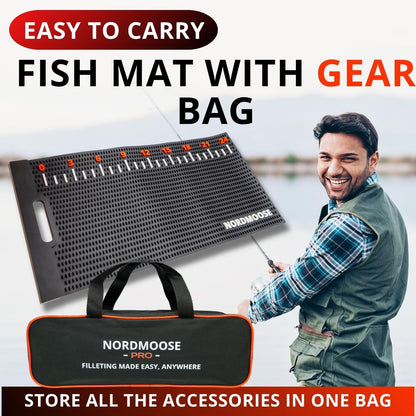 Fish Fillet Mat Kit with Fish Ruler Decal and Fillet Knife, Cutting Gloves. Large 28"x14" Nonslip Fish Cleaning Mat that Grips the Fish - Durable & Easy to Clean, Portable Fish Cutting Board