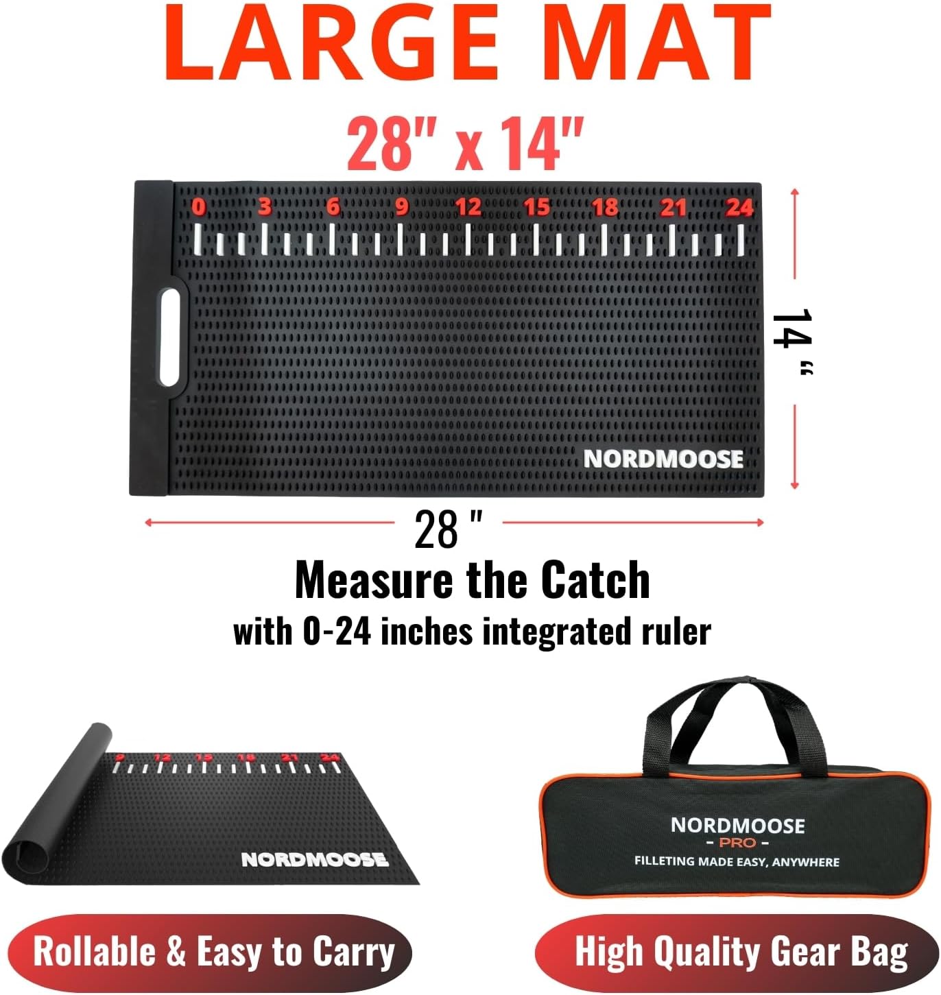 Fish Fillet Mat Kit with Fish Ruler Decal and Fillet Knife, Cutting Gloves. Large 28"x14" Nonslip Fish Cleaning Mat that Grips the Fish - Durable & Easy to Clean, Portable Fish Cutting Board