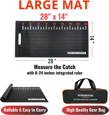 Fish Fillet Mat Kit with Fish Ruler Decal and Fillet Knife, Cutting Gloves. Large 28"x14" Nonslip Fish Cleaning Mat that Grips the Fish - Durable & Easy to Clean, Portable Fish Cutting Board