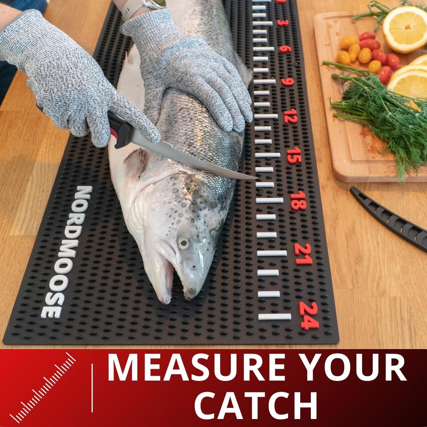 Fish Fillet Mat Kit with Fish Ruler Decal and Fillet Knife, Cutting Gloves. Large 28"x14" Nonslip Fish Cleaning Mat that Grips the Fish - Durable & Easy to Clean, Portable Fish Cutting Board