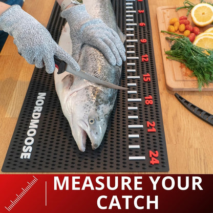 Fish Fillet Mat Kit with Fish Ruler Decal and Fillet Knife, Cutting Gloves. Large 28"x14" Nonslip Fish Cleaning Mat that Grips the Fish - Durable & Easy to Clean, Portable Fish Cutting Board