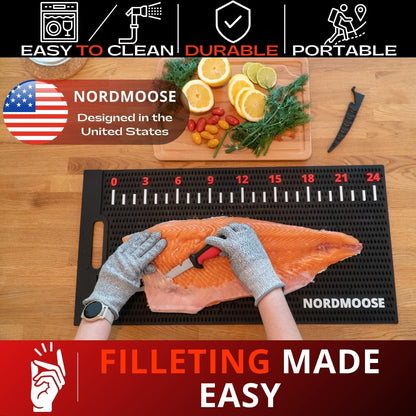 Fish Fillet Mat Kit with Fish Ruler Decal and Fillet Knife, Cutting Gloves. Large 28"x14" Nonslip Fish Cleaning Mat that Grips the Fish - Durable & Easy to Clean, Portable Fish Cutting Board