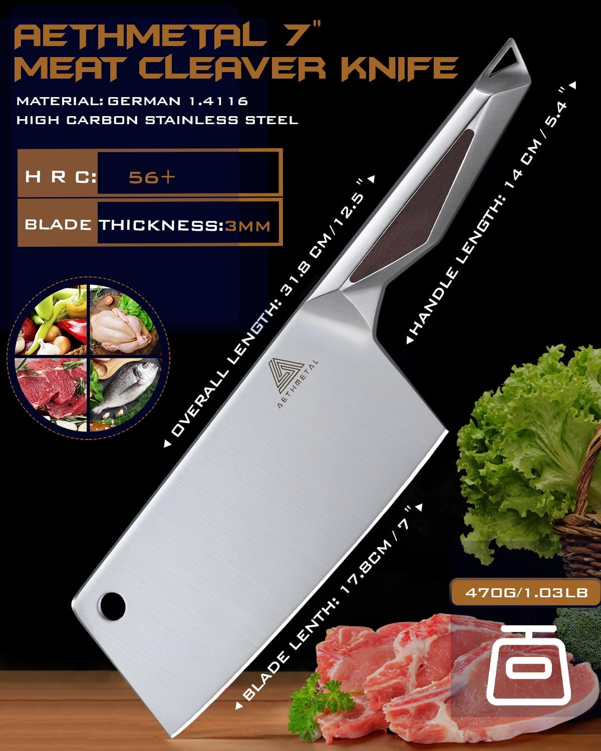 7 Inch Santoku Knife, Full Tang Kitchen Knife with Hollow-Ground Blade, High Carbon Stainless Steel Chef Knife for Meat, Vegetables & Fruits, Ergonomic Metal Handle, Premium Gift Box