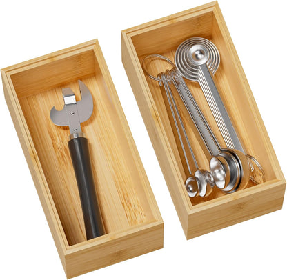 Kitchen Drawer Organizer Bins, Stackable Bamboo Deep Drawer Organizer for Silverware, Utensils, Cutlery, Flatware, Junk Drawer, Dresser, Bathroom, 15" x 6" x 2.5" (Set of 2)