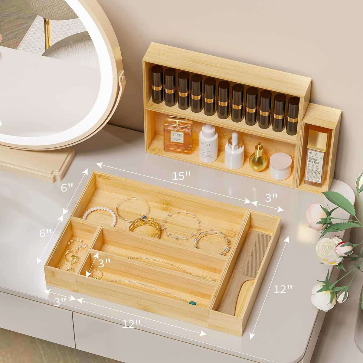 Kitchen Drawer Organizer Bins, Stackable Bamboo Deep Drawer Organizer for Silverware, Utensils, Cutlery, Flatware, Junk Drawer, Dresser, Bathroom, 15" x 6" x 2.5" (Set of 2)