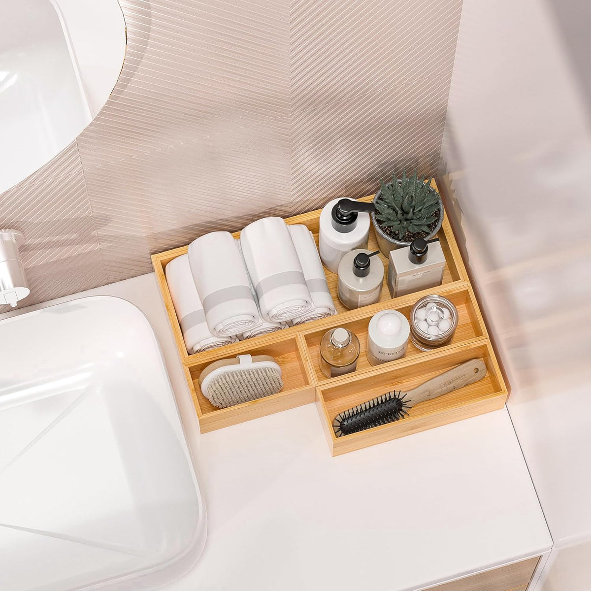 Kitchen Drawer Organizer Bins, Stackable Bamboo Deep Drawer Organizer for Silverware, Utensils, Cutlery, Flatware, Junk Drawer, Dresser, Bathroom, 15" x 6" x 2.5" (Set of 2)