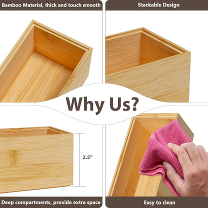 Kitchen Drawer Organizer Bins, Stackable Bamboo Deep Drawer Organizer for Silverware, Utensils, Cutlery, Flatware, Junk Drawer, Dresser, Bathroom, 15" x 6" x 2.5" (Set of 2)