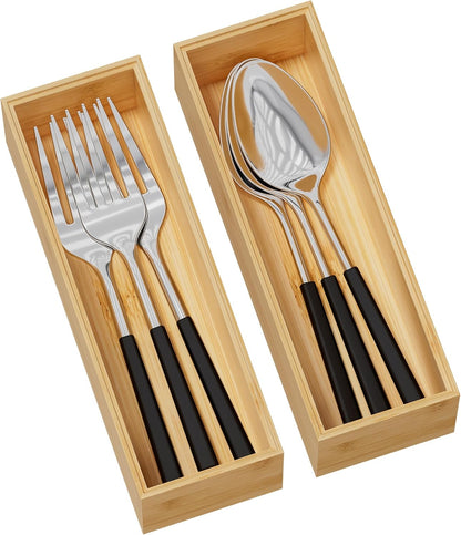 Kitchen Drawer Organizer Bins, Stackable Bamboo Deep Drawer Organizer for Silverware, Utensils, Cutlery, Flatware, Junk Drawer, Dresser, Bathroom, 15" x 6" x 2.5" (Set of 2)