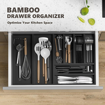 Kitchen Drawer Organizer Bins, Stackable Bamboo Deep Drawer Organizer for Silverware, Utensils, Cutlery, Flatware, Junk Drawer, Dresser, Bathroom, 15" x 6" x 2.5" (Set of 2)