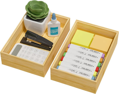 Kitchen Drawer Organizer Bins, Stackable Bamboo Deep Drawer Organizer for Silverware, Utensils, Cutlery, Flatware, Junk Drawer, Dresser, Bathroom, 15" x 6" x 2.5" (Set of 2)