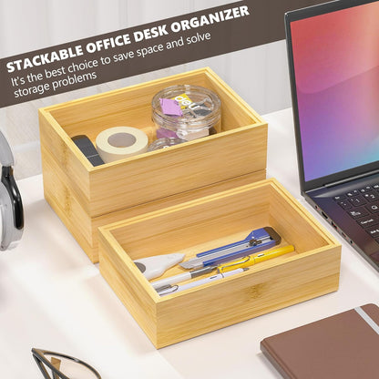 Kitchen Drawer Organizer Bins, Stackable Bamboo Deep Drawer Organizer for Silverware, Utensils, Cutlery, Flatware, Junk Drawer, Dresser, Bathroom, 15" x 6" x 2.5" (Set of 2)
