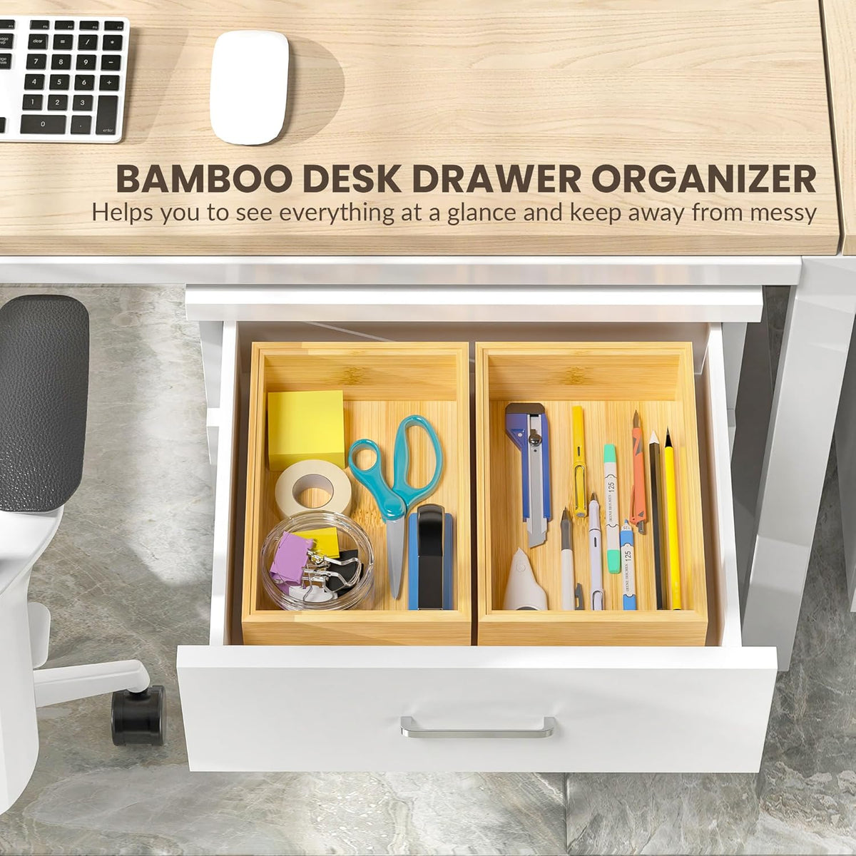 Kitchen Drawer Organizer Bins, Stackable Bamboo Deep Drawer Organizer for Silverware, Utensils, Cutlery, Flatware, Junk Drawer, Dresser, Bathroom, 15" x 6" x 2.5" (Set of 2)
